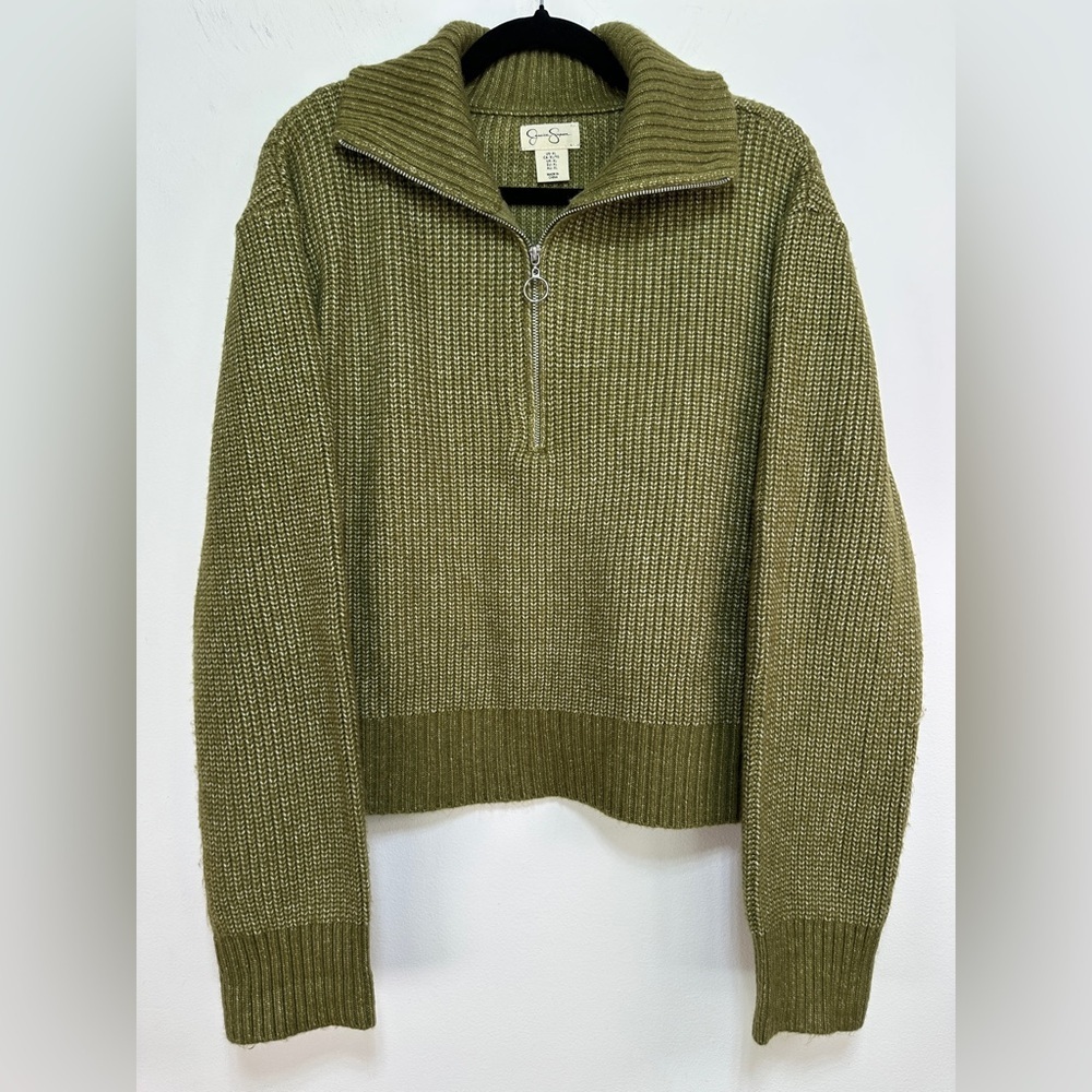 Jessica Simpson Ribbed Half Zip Cropped Sweater Olive Mock Neck Pullover XL